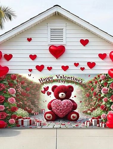  Garagentorabdeckung zum Valentinstag, 2D-Flachdruck mit rotem Bären, der Rosen und ein Herz hält, Rosenwand, weiße Geschenkbox mit rotem Band, perfekte Festtagsdekoration für Garage, Schaufenster oder