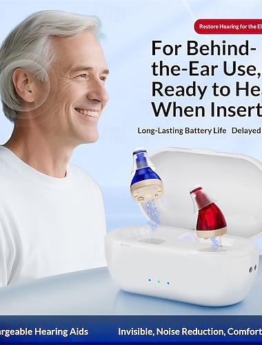  Appareil auditif rechargeable invisible pour seniors avec réduction du bruit, volume réglable, amplificateur auriculaire et étui de chargement.