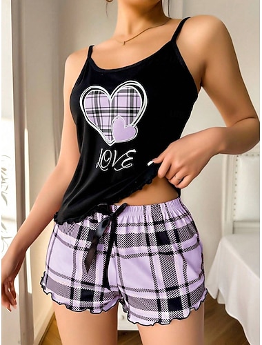  Damen Schlafanzug Set Lässig Komfort Herz Karo / Karomuster Elastischer Bund Trägertop Shorts Täglich Heim Ärmellos Rundhalsausschnitt Purpur Sommer Frühling Normale Passform