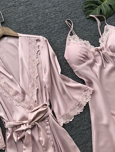  Femmes Pyjamas Robe Chemise de Nuit Occasionnel Doux Satin Couleur Unie Dentelle Patchwork Maison Lit Demi Manches Col en V Argent Jaune Rose Claire Vin Été Coupe Ample