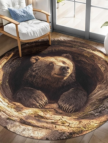  Tapis de salon en illusion d'optique 3D tapis visuel piégeant antidérapant design grotte ours brun pour l'entrée la salle de bain la chambre le salon intérieur extérieur terre de diatomée séchage