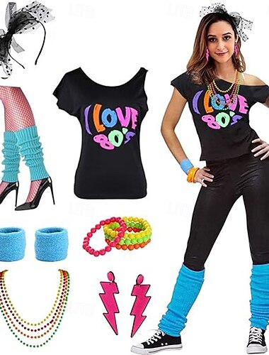  Disko 1980er Outfits T-Shirt Leggings mit Zubehör Retro Kostüm Damen Karnevalskostüm Maskerade Party & Abend Pride Parade Pride-Monat Erwachsene Weitere Accessoires Leggins T-shirt