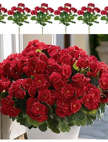  Künstlicher Geranienstrauß mit 6 Zweigen, UV-beständig, 30 Stiele/Zweig, leuchtend rote Blüten mit üppigem grünem Laub, realistische Kunststoff-Dekoration für drinnen und draußen, ideal für