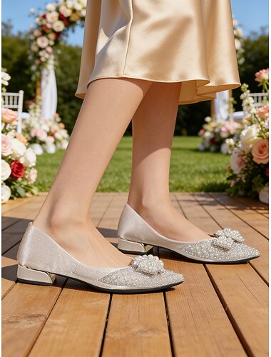  女性用 ガーデンウェディング パール装飾 ブロックヒール ポインテッドトゥ ファッション サテン ローファー ブラック ライトブラウン