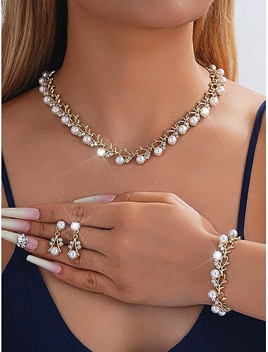  مجموعة مجوهرات نسائية من سبائك اللؤلؤ الصناعي - مجموعة من 3 قطع قلادة وسوار وأقراط، مثالية لحفلات الزفاف والمناسبات الخاصة