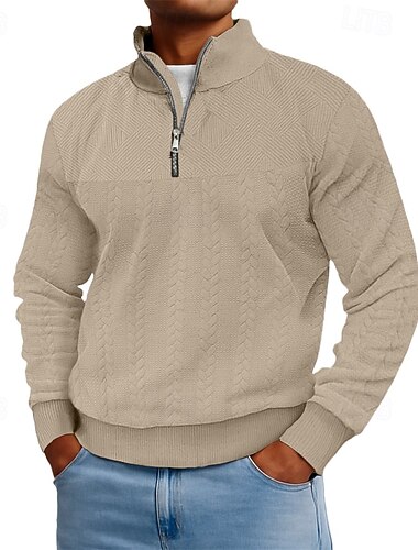  Herren Jacquard Sweatshirt Pullover Kapuzensweatshirt Viertelreißverschluss Sweatshirt Schwarz Weiß Marineblau Khaki Grau Stehkragen Halber Reißverschluss Einfach Patchwork Strukturiert Lässig