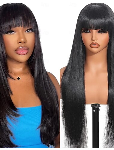  Perruques lisses en cheveux humains avec frange, perruques brésiliennes vierges pour femmes, perruques sans colle, perruques en cheveux humains faites à la machine, perruques sans lace front, couleur