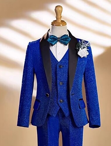  Ringträgeranzug Jungen Kinderanzug Blazer &Weste & Hose  & Hemd  &Krawatte, Jungenanzug, lässig, für Outdoor-Partys, modisch, cool, Basic, einfarbig, Pailletten, Taschenknöpfe, blau, Polyester,
