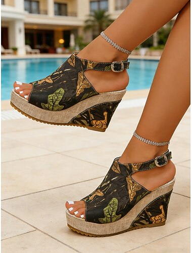  Sandales compensées à imprimé floral pour femmes – élégantes chaussures à plateforme à bout ouvert et boucle, avec semelle en jute espadrille, chaussures d'été confortables pour la piscine, les