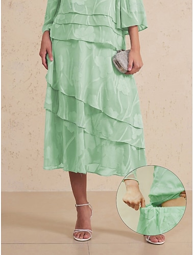  Femmes Élégant Midi Taille Moyenne Jupes Fleuri Dentelle A Volants Superposé Micro-Élastique Date Décontracté Quotidien Vert cendré Printemps, Automne, Hiver, Été Polyester