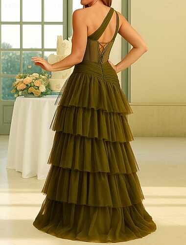  שמלת פרומ באורך רצפה קו A שמלת מסיבה שמלת קוקטייל שמלת אם הכלה עם כתף אחת חשופה אלגנטית וינטג' רשמית לערב עם קיפולים ומפתח קדמי