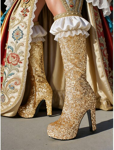  Γυναικείες ασημένιες μπότες πλατφόρμας με γκλίτερ - καρναβαλικά παπούτσια με χοντρό τακούνι μέχρι το γόνατο για βενετσιάνικη μεταμφίεση, χορούς κοστουμιών &εορταστικά ρούχα για πάρτι