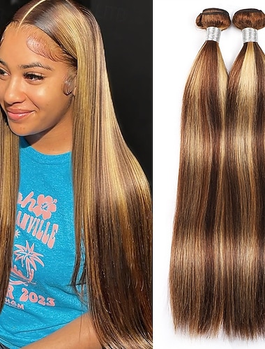  2 Bündel Haarverlängerungen, Highlights P4/27, Echthaar-Bündel, glattes Haar, 12-28 Zoll