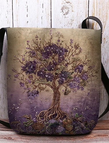  Sac bandoulière femme en polyester velouté, orné de motifs d'arbre de vie et de fleurs, disponible en plusieurs modèles pour des styles décontractés et bohèmes.