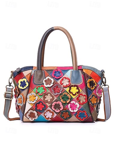  Dameshandtas van echt leer, met diverse draagopties, 3D-bloemenversiering, stijlvol en functioneel voor dagelijks gebruik of speciale gelegenheden.