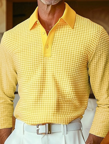  Herren Waffel-Poloshirts Textur Straße Lässig Revers Langarm Basic Modern Einfach Texture Knöpfe Frühling Herbst Ganzjahres Normale Passform Blau grau Schwarz Weiß Gelb Rot Grau Waffel-Poloshirts