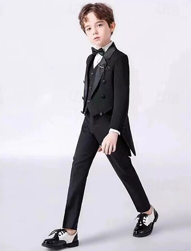  5 részes gyűrűhordozó öltöny fiú gyerek öltöny blézer &mellény &nadrág &ing &nyakkendő fiú hivatalos öltöny hétköznapi kültéri party divat menő alapvető egyszínű zsebes gombok fekete poliészter