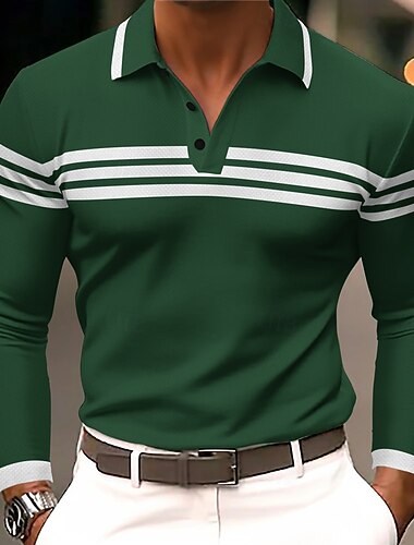  Herre Horisontale strips Polo Langermet Poloskjorter Knaphul Business Casual treningsklær Dagligdagstøy 3D-utskrift Knapper Vår Høst Svart Rød Grønn