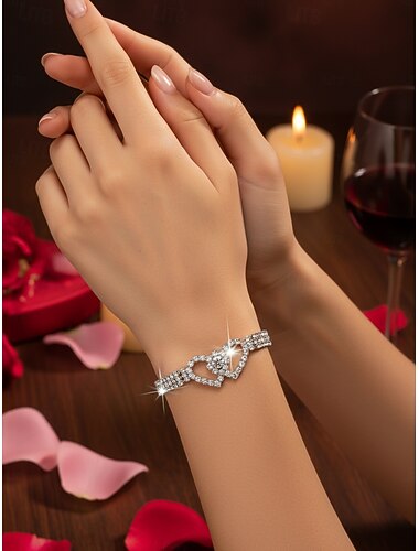  Pulseira feminina com coração cravejado de strass brilhantes - design elegante com elos de cristal, joia delicada e marcante para festas e eventos noturnos. &eventos especiais