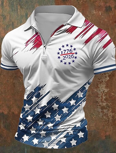  4. Juli 2026 250. Herren Flagge Polo Poloshirts Polo mit Knopfleiste Kurzarm Polo-Shirts Umlegekragen Sport Mode Lässig Täglich Outdoor Urlaub Knöpfe Druck Sommer Frühling Weiß