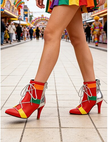  Vrouwen Mardi Gras Casual Carnaval Feest Rits Veterschoenen Stiletto Puntige Neus Mode Faux Leer Rits Zwart Wit Rood
