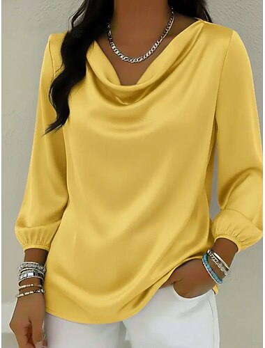  女性用 サテンシャツ ドレスシャツ ブラウス 純色 エレガント ヴィンテージ ファッション 長袖 カウルネック レギュラートップス 日常 パーティー 祝日 ブルー イエロー ルビーレッド パープル 春 秋 冬 春、夏、秋、冬