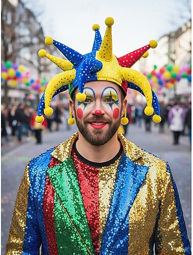  Unisex Multi-Kleur Nar Carnaval Hoed met Pom Poms  Sequins - Carnaval Mardi Gras en Maskerade Clown Kostuum Hoofddeksel