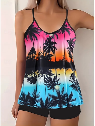  Tankini pour femmes 2 pièces maillot de bain palmier short contrôle du ventre taille haute dos nu vacances plage floral tournesol en V sans manches