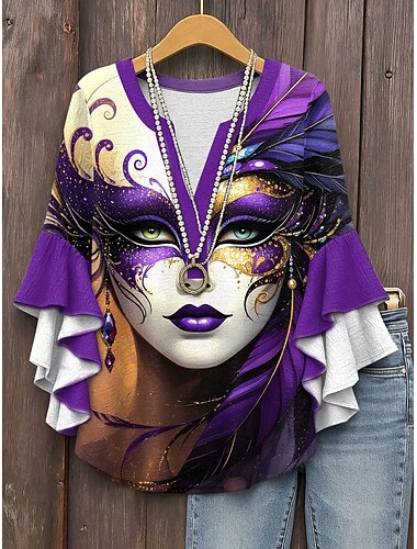  Carnevale Per donna Blusa Stampato Grafico Astratto Bohemien Vintage Quotidiano Manica 3/4 Scollo a V Top Regolari Quotidiano Ferie Abbigliamento da vacanza Viola Estate Primavera Autunno