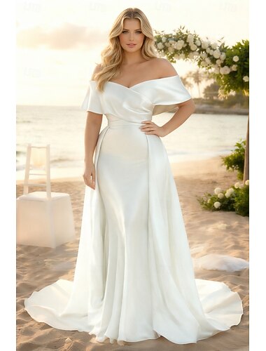  Strand formelle Hochzeitskleider Meerjungfrau Sweetheart Off Shoulder Ohne Ärmel Sweep  Brush Train Satin Brautkleider Mit einfarbiger Farbe