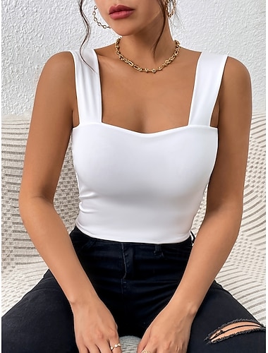  Mujer Camiseta sin mangas tipo camisola Color sólido Elegante Casual Sin Mangas Escote Cuadrado Tops cortos Diario Festivos Azul Piscina Negro Blanco Rosa Rojo Verano Primavera