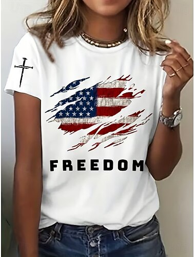  Koszulka patriotki na Dzień Niepodległości z grafiką flagi vintage stylowa klasyczna krótkim rękawem okrągłym dekoltem regularne bluzki codzienne weekendowe nadruk niebieska czarna biała czerwona