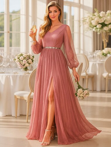  Robe de bal longueur sol robes habillées formelles robe de soirée robe de la mère de la mariée à manches longues décolleté en V élégant vintage avec plis et fente avant