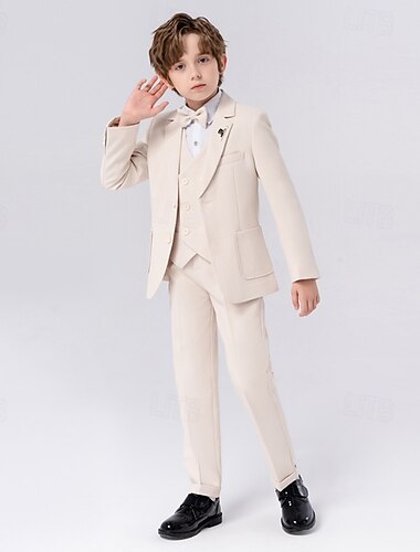  5-teiliger Ringträgeranzug für Jungen und Kinder (Sakko) &Weste & Hose  &Krawatte, Jungenanzug, lässig, für Outdoor-Partys, modisch, cool, Basic, blau, beige, grau, Polyester