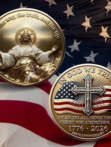  250-årsjubileum kristen minnemynt "I Gud stoler vi" tro religiøs samlemynt dobbeltsidig gravert minnetoken kristen gave troende semikvadransjubileum