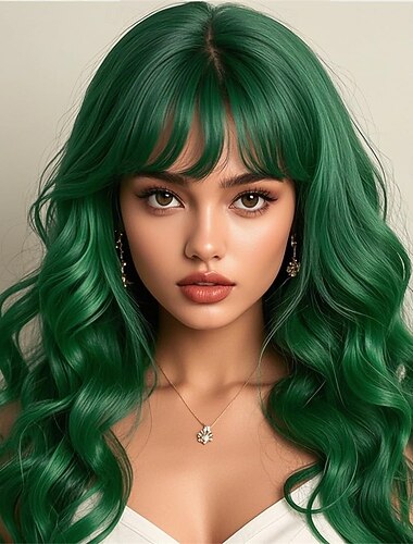  Grüne Perücken Frauen Lange Lockige Wavy Grüne Perücke mit Pony Synthetisch Hitzebeständige Kostümperücken