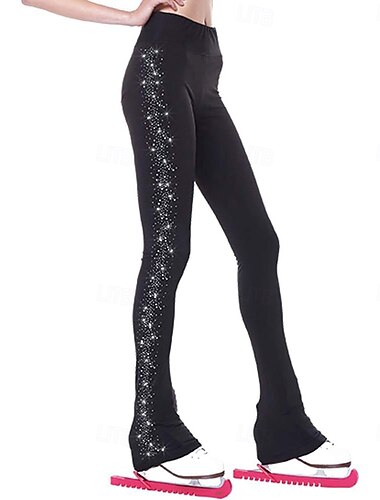  Kunstschaatsbroek voor dames en meisjes, zwarte, elastische trainingsbroek voor wedstrijden, thermisch warm, met kristallen/strasssteentjes, geschikt voor kunstschaatsen.
