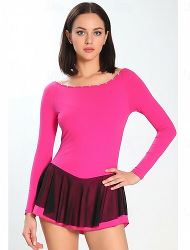  Kunstschaatsjurk Dames Schaatsen Jurken Donker roze Spandex Rekbaar Opleiding Wedstrijd Kunstschaatskleding Thermisch Warm Klassiek Lange mouw Schaatsen Kunstschaatsen