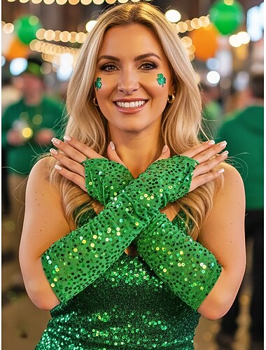  Guanti da donna in poliestere con paillettes e dita, set da 2 paia, opzioni multicolore, perfetti per il giorno di San Patrizio e per le feste, scintillanti ed eleganti