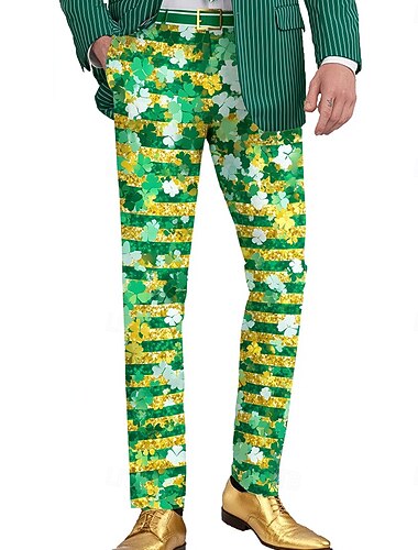  Calças sociais listradas trevo de quatro folhas do St. Patrick para homens dia de São Patrício com cintura média vintage retro moda de rua férias calças ajuste slim com bolsos verão primavera