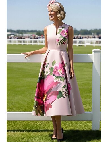  A-linje Te-lengde Derbykjole Kjole til brudens mor Ermeløs V-hals Elegant Årgang Kentucky Derby Sateng med Blomst Tryk