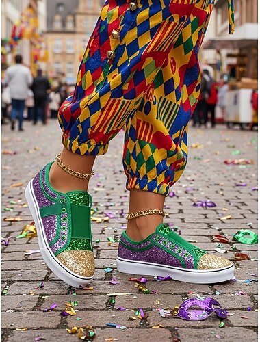  Paarse glitter instapsneakers voor dames – pailletten rave-schoenen voor muziekfestivals, carnavalsfeesten en gewaagde streetwear
