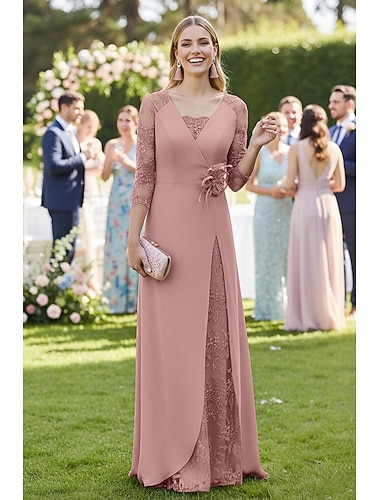  A-linje Gulvlengde Overskjørtkjole Kjole til brudens mor 3/4 ermer V-hals Elegant Skjul magen Formell Chiffon Blonder med Appliqué Blomst