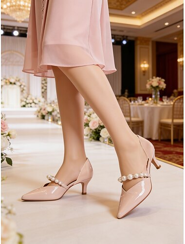  Elegante Damenpumps mit Perlenriemen und niedrigem Absatz – Lackschuhe mit spitzer Zehenpartie für die Mutter der Braut, schicke City-Hochzeitsschuhe &formelle Zeremonie