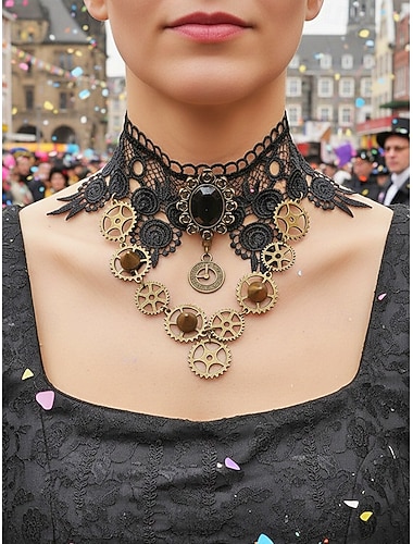  Vrouwen Mardi Gras Zwarte Kant Steampunk Choker Ketting en Armband Set - Legering Tandwiel  Klok Hanger voor Gothic Cosplay  Carnaval  Halloween Kostuum