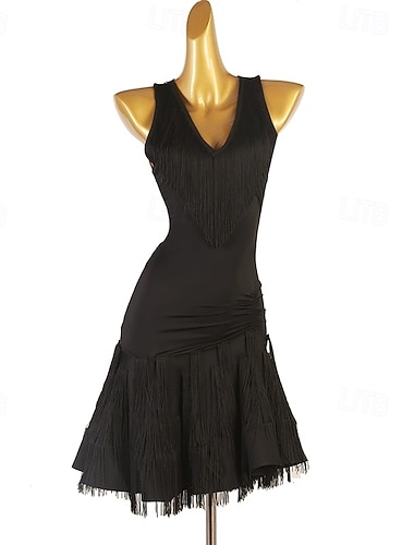  Robe de danse latine élégante à franges noires pour femme - robe de bal sans manches à col en V pour la salsa et le tango, idéale pour les compétitions.