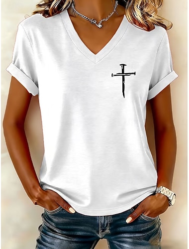  Dame T skjorte Trykt mønster Grafisk Bokstaver Årgang Stilfull Klassisk Kortermet V-hals Vanlige topper Daglig Svart Hvit Rød Høst Vinter