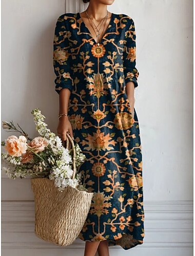  Pääsiäinen naisten maxi-mekko pellavamaista hengittävää kevyttä päivämekkoa A-linja mekko lomarento boho lomat normaali istuvuus kukka väriblokki pitkähiha V-kaula-aukko laivastonsininen musta