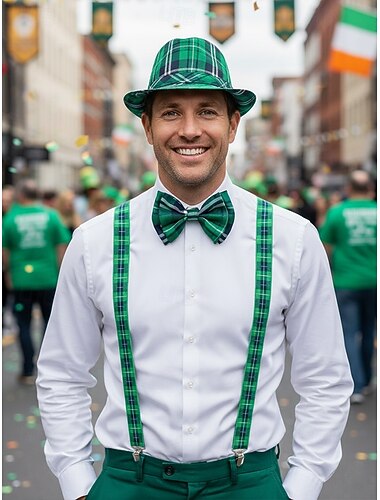  Accessoireset voor een St. Patrick's Day-kostuum voor heren: groene geruite hoed, vlinderdas en bretels, gemaakt van polyester met diverse patronen, Ierse festival-, parade- en feestoutfit voor mannen.