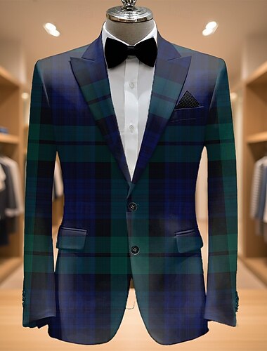  Per uomo Plaid Giacca blazer Cappotto Di tendenza Confortevole Traspirante Artistico Casual Quotidiano Abbigliamento da sera Tasca Stampa 3D Bottoni Tutte le stagioni Dentellato Manica Lunga Blu